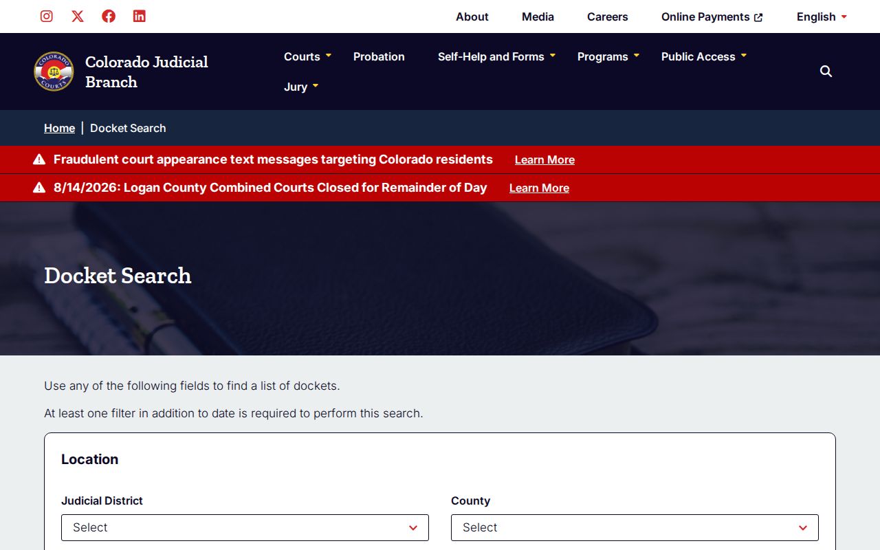 Jackson County court date search fields on the Colorado hearing docket