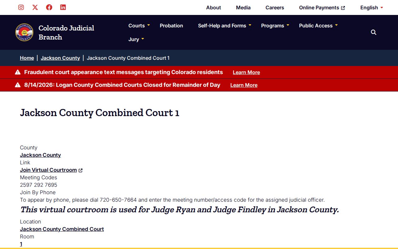 Jackson County virtual court date access page for Combined Court