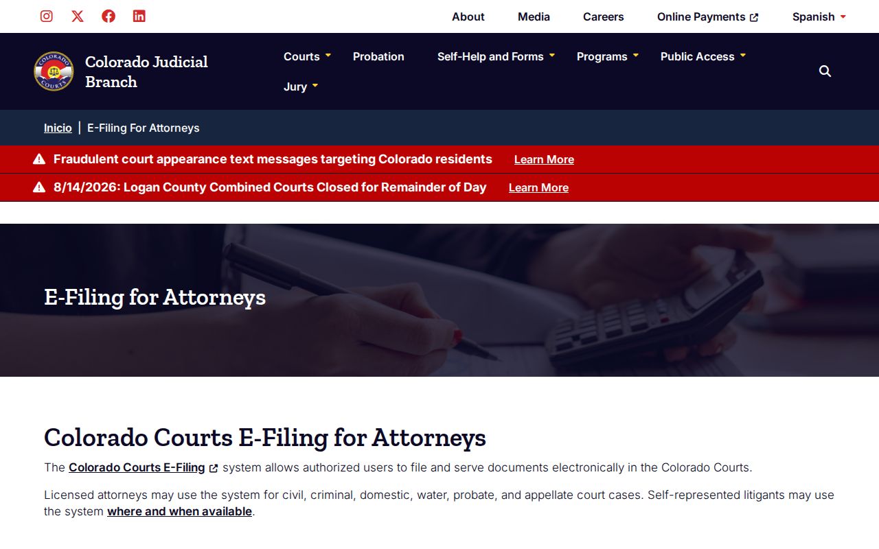 Jackson County civil docket Colorado Courts E-Filing page
