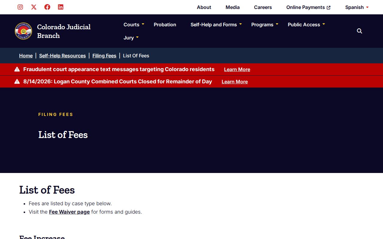 Jackson County court record current Colorado court fee list